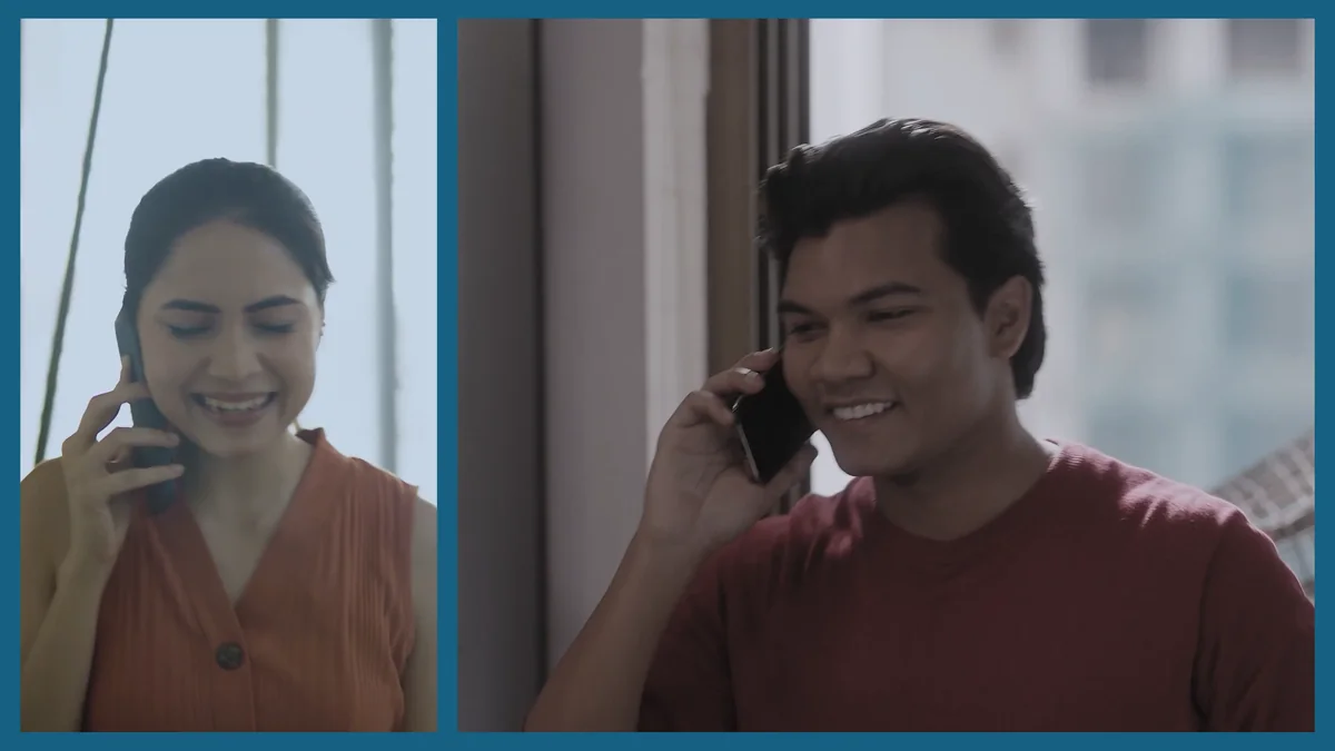 Split screen: Preeti and Iswar Mohan smile during a phone call